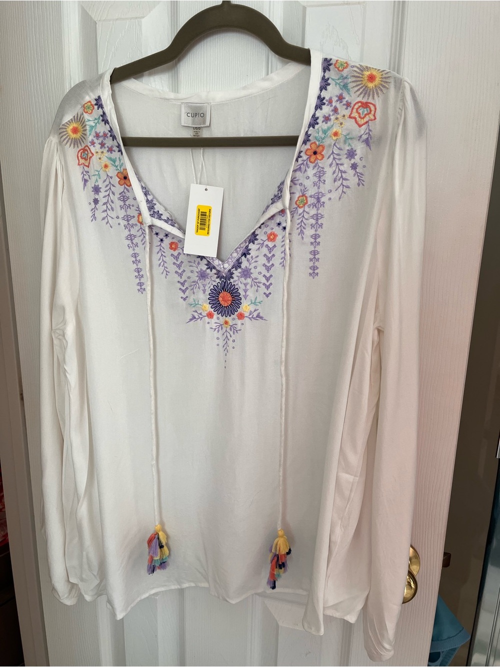 Cupio White Boho Tunic with Purple and Orange Floral Embroidery